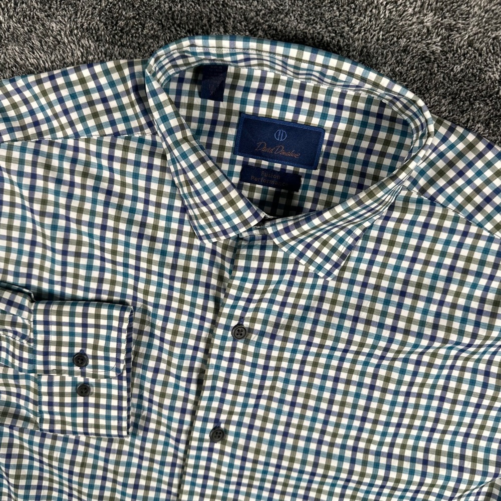 David Donahue Shirt Mens XL Fusion Performance Blue Green Check Button Down